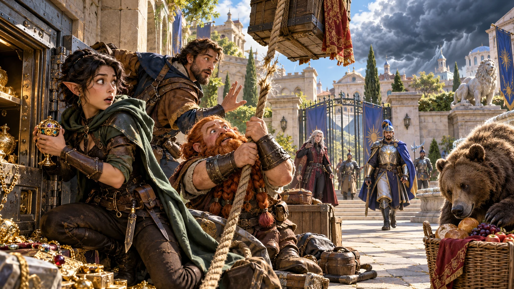 Ordinary and dramatic interruptions arrive during a fantasy party’s current activity